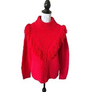Tuckernuck Wool Sweater Red Fringe Colorful Chunky Size Medium NWT